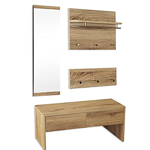 Style home Garderobenset 4tlg. Flurgarderobe Wandgarderobe Holz Komplettgarderobe-Set, inkl. Spiegel, Bank, 2 Garderobenpanel, für Flur Diele Wohnzimmer von Style home