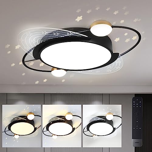 Style home 72W LED Deckenleuchte Deckenlampe mit Sternen-Deko, 50 * 8cm, voll dimmbar mit Fernbedienung, Saturn Design, Metall Kronleuchter für Wohnzimmer Schlafzimmer Kinderzimmer Büro(Schwarz) von Style home