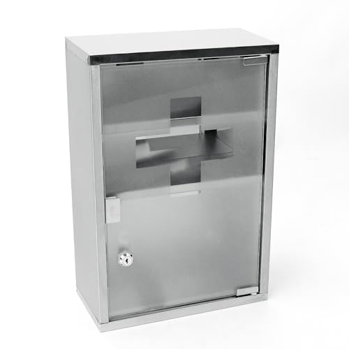 Style home Medizinschrank abschließbarer Arzneischrank aus Edelstahl, 45 * 30 * 12cm 3 Fächer, Apothekerschrank Erste Hilfe Schrank mit Glas Tür, inkl. 2 Schlüsseln (Silber) von Style home