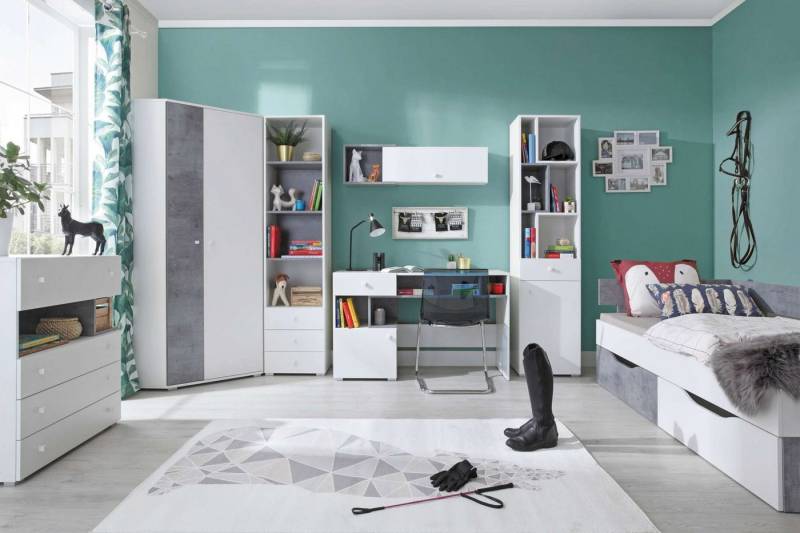 99rooms Jugendzimmer-Set Lendon Weiß Hochglanz Beton, (Jugendzimmer-Set, Set (7-St), 7-teilig, Spanplatte, FSC-Zertifizierung, variabel stellbar, Modern Design von 99rooms