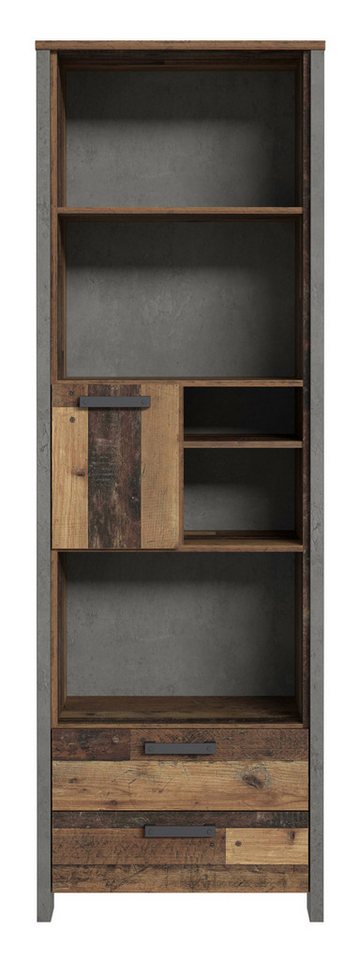 99rooms Bücherregal Califfo Altes Holz Optik Beton Optik, Standregal, Wohnmöbel, mit Schubladen, viel Stauraum, aus Holzwerkstoff, Industrial Design von 99rooms