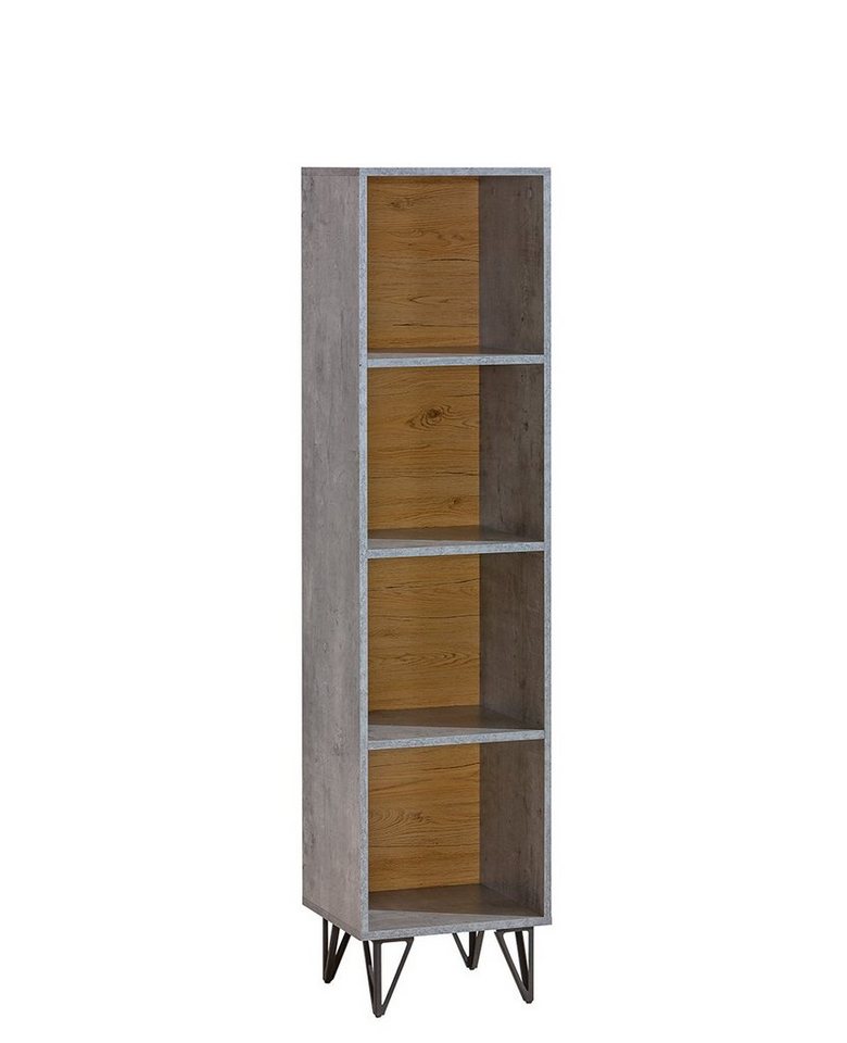 99rooms Bücherregal Loffer Wotan Eiche Beton, Standregal, Standschrank, mit 4 Fächern, Industrial Design, variabel stellbar, Metallelemente von 99rooms