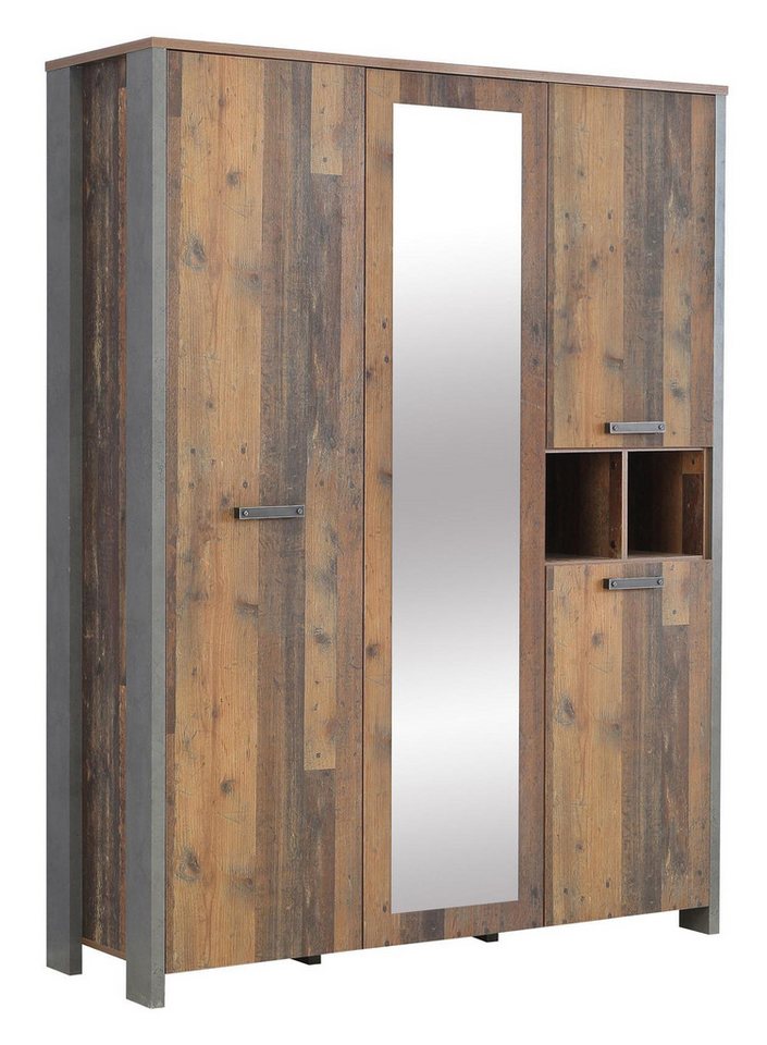 Stylefy Drehtürenschrank »Califfo Altes Holz Optik Beton Optik« (Kleiderschrank, Mehrzweckschrank) 3-türig, mit Spiegel, aus Holzwerkstoff, Industrial Design, viel Stauraum von Stylefy