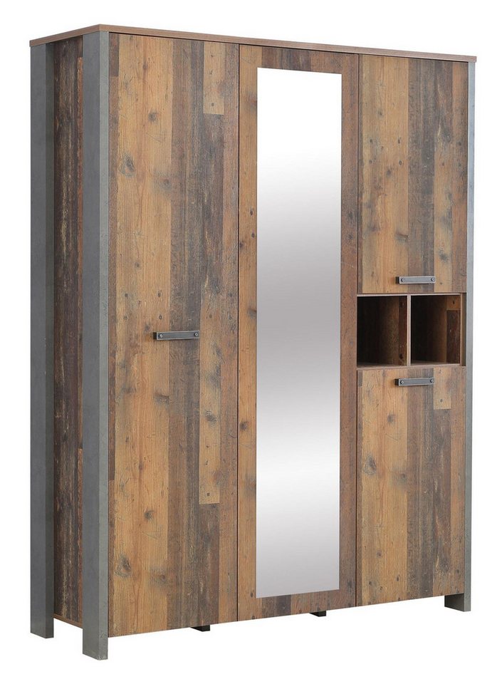 99rooms Drehtürenschrank Califfo Altes Holz Optik Beton Optik (Kleiderschrank, Mehrzweckschrank) 3-türig, Spiegel, aus Holzwerkstoff, Industrial Design, viel Stauraum von 99rooms