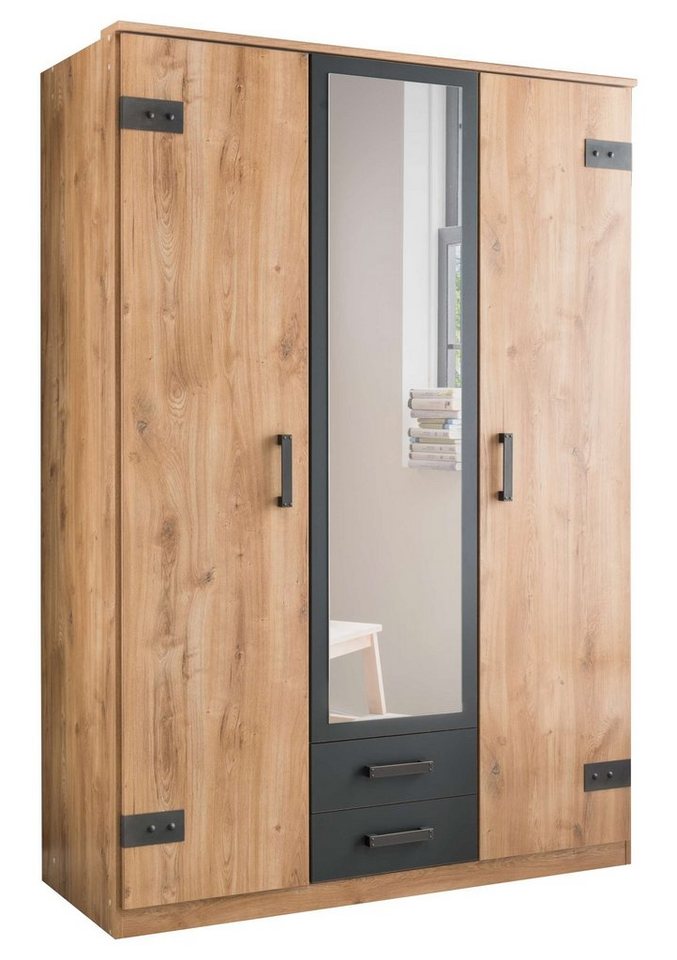 Stylefy Drehtürenschrank Corso I Plankeneiche Optik Graphit (Kleiderschrank, Mehrzweckschrank) 3-türig, aus Holzwerkstoff, Modern Design, viel Stauraum, mit Spiegel und Schubladen, variabel stellbar von Stylefy