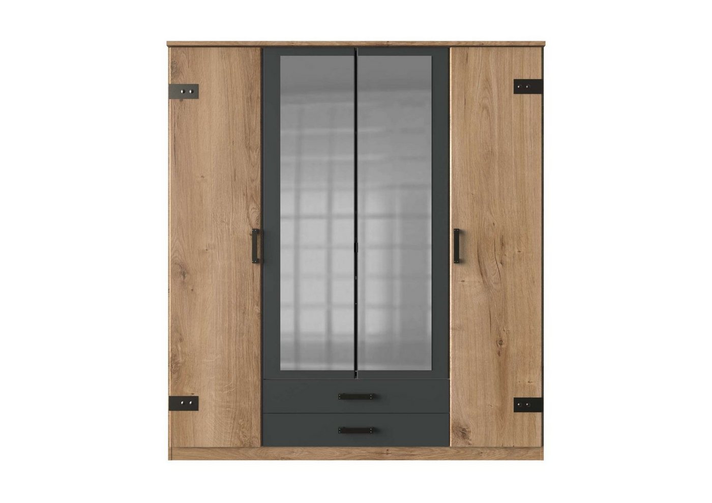 Stylefy Drehtürenschrank Corso II Plankeneiche Optik Graphit (Kleiderschrank, Mehrzweckschrank) 4-türig, aus Holzwerkstoff, Modern Design, viel Stauraum, mit Spiegel und Schubladen, variabel stellbar von Stylefy