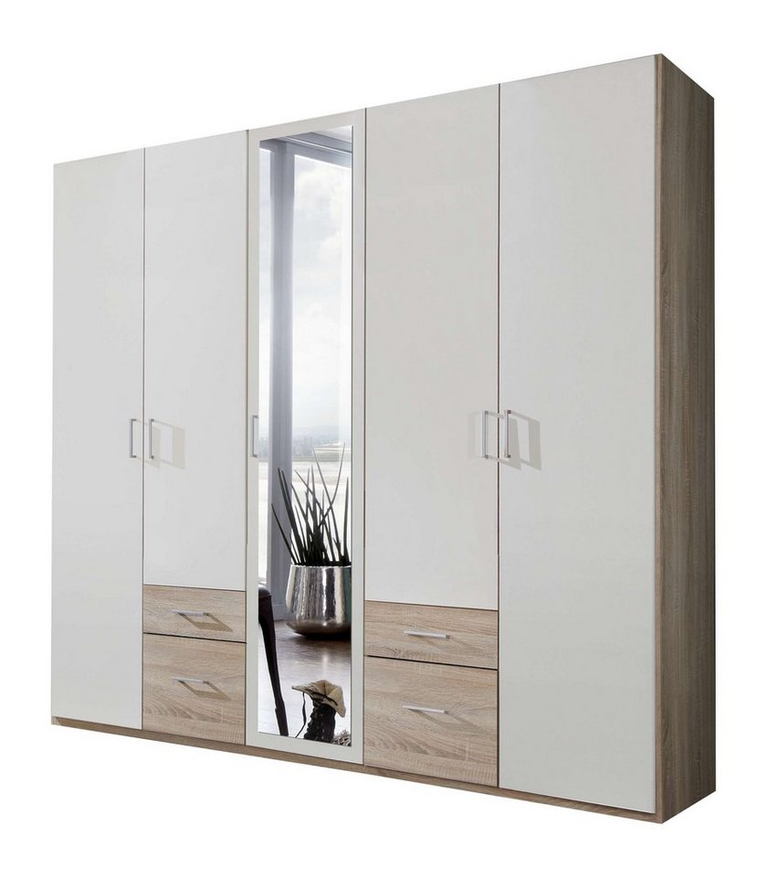 99rooms Drehtürenschrank Firmo I (Kleiderschrank, Mehrzweckschrank) 5-türig, aus Holzwerkstoff, Modern Design, viel Stauraum, mit Spiegel und Schubladen, variabel stellbar von 99rooms