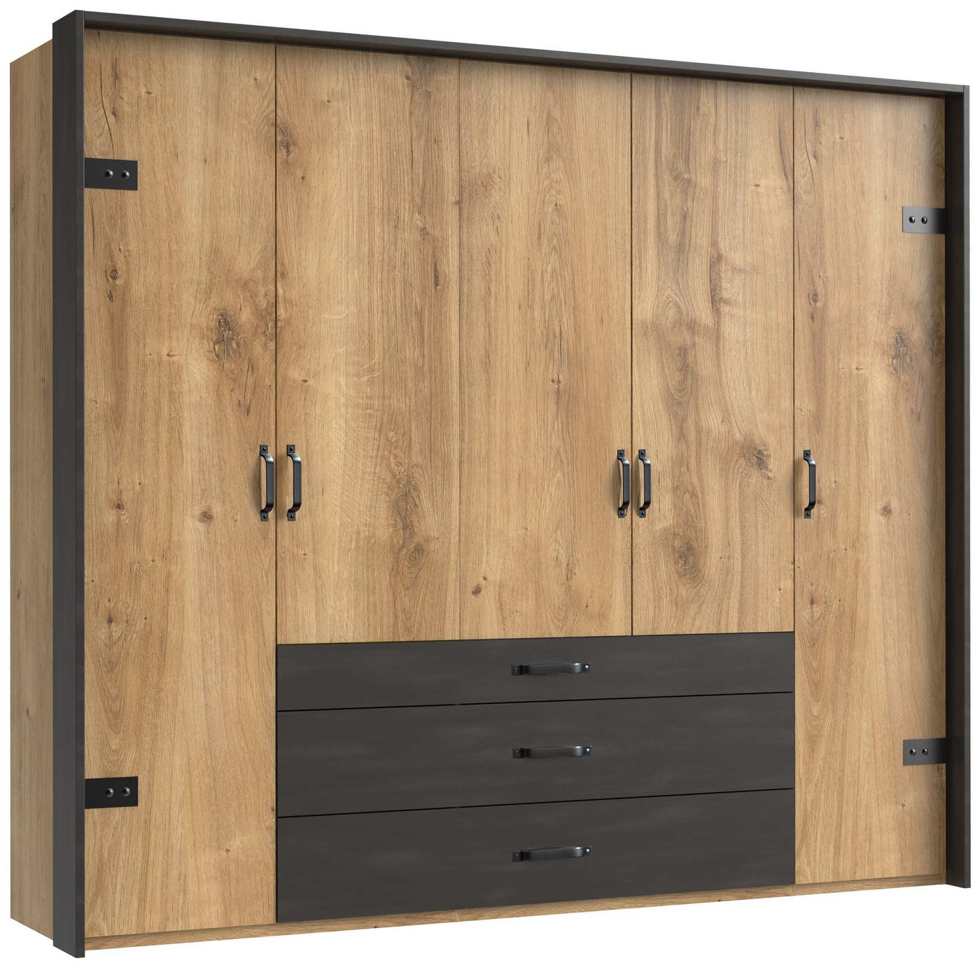 Stylefy Drehtürenschrank Sydney Plankeneiche (Kleiderschrank, Mehrzweckschrank) 5-türig, aus Holzwerkstoff, mit Schubladen, Modern Design, viel Stauraum, Metall von Stylefy