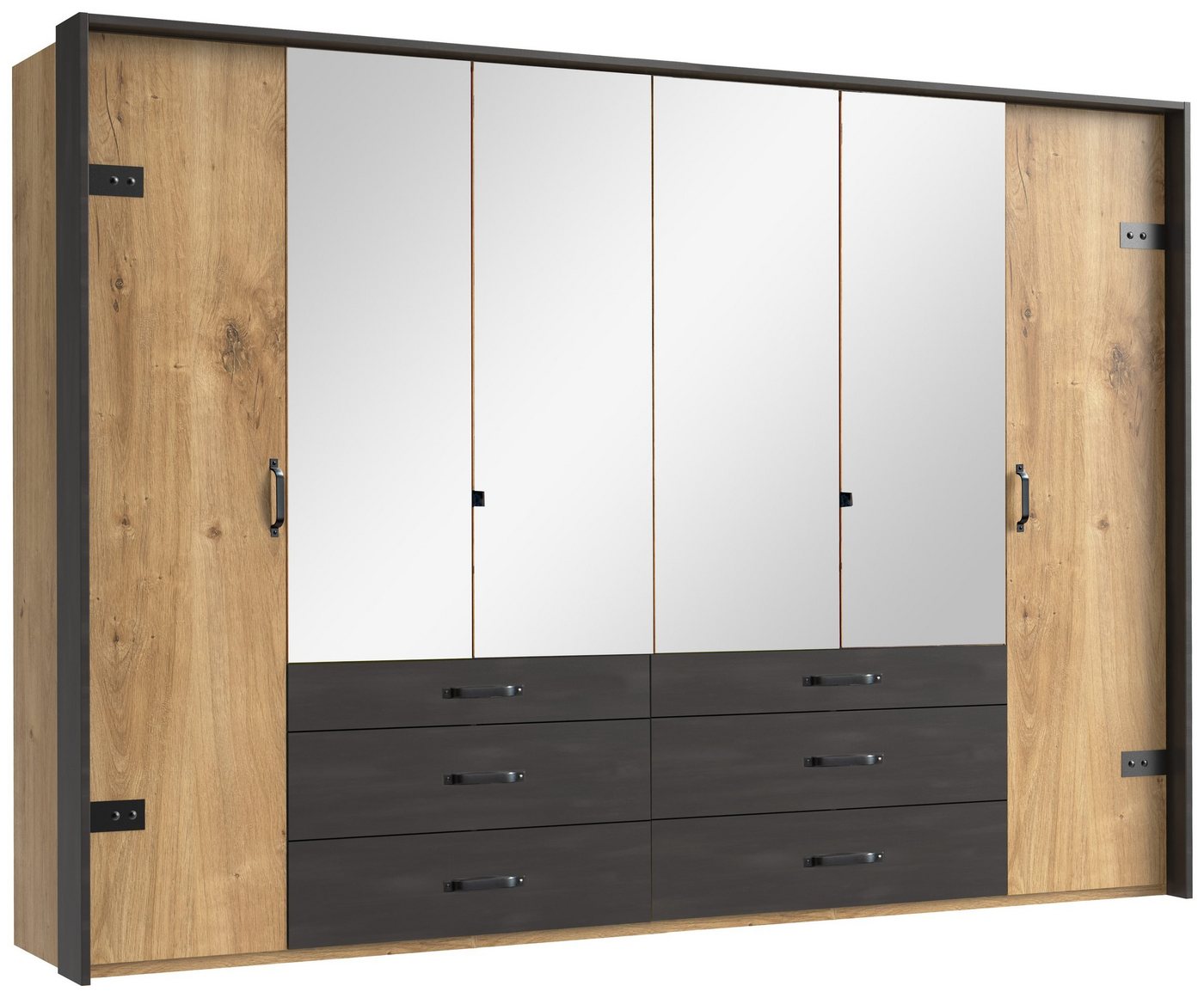 Stylefy Drehtürenschrank Sydney Plankeneiche (Kleiderschrank, Mehrzweckschrank) 4-türig, aus Holzwerkstoff, mit Schubladen, Modern Design, mit Spiegel, viel Stauraum, Metall von Stylefy