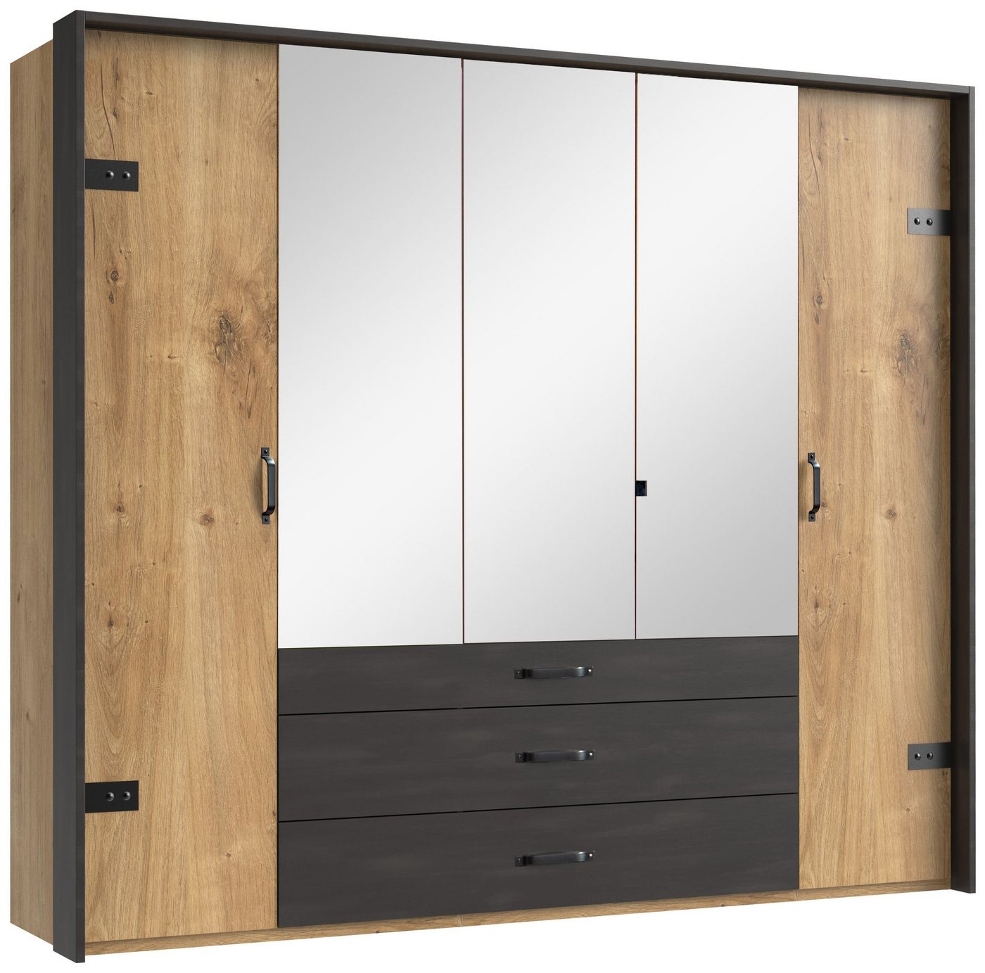 Stylefy Drehtürenschrank Sydney Plankeneiche (Kleiderschrank, Mehrzweckschrank) 3-türig, aus Holzwerkstoff, mit Schubladen, Modern Design, mit Spiegel, viel Stauraum, Metall von Stylefy