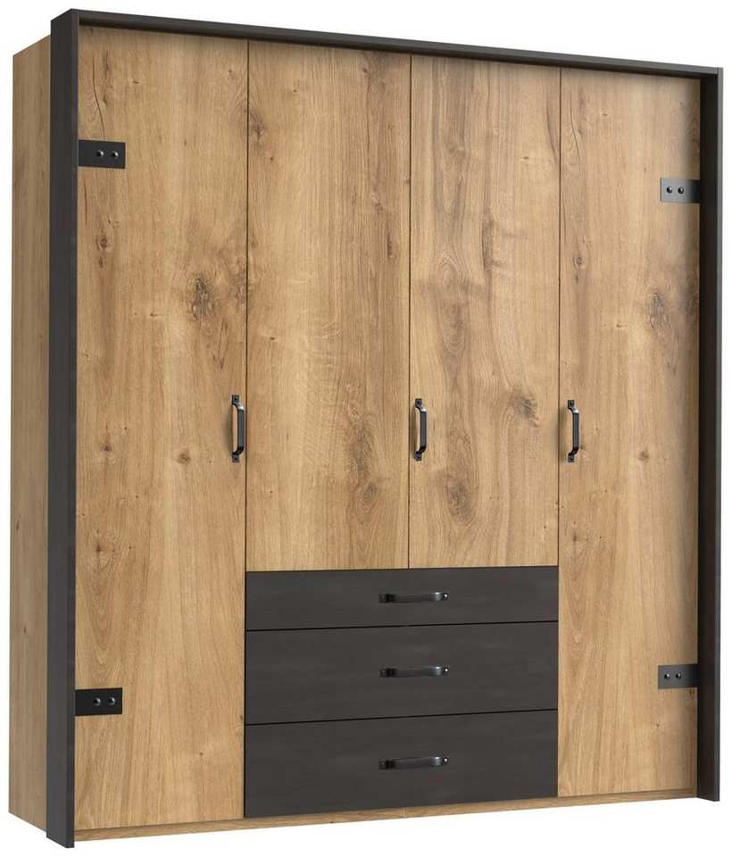 Stylefy Drehtürenschrank Sydney Plankeneiche (Kleiderschrank, Mehrzweckschrank) 3-türig, aus Holzwerkstoff, mit Schubladen, Modern Design, viel Stauraum, Metall von Stylefy