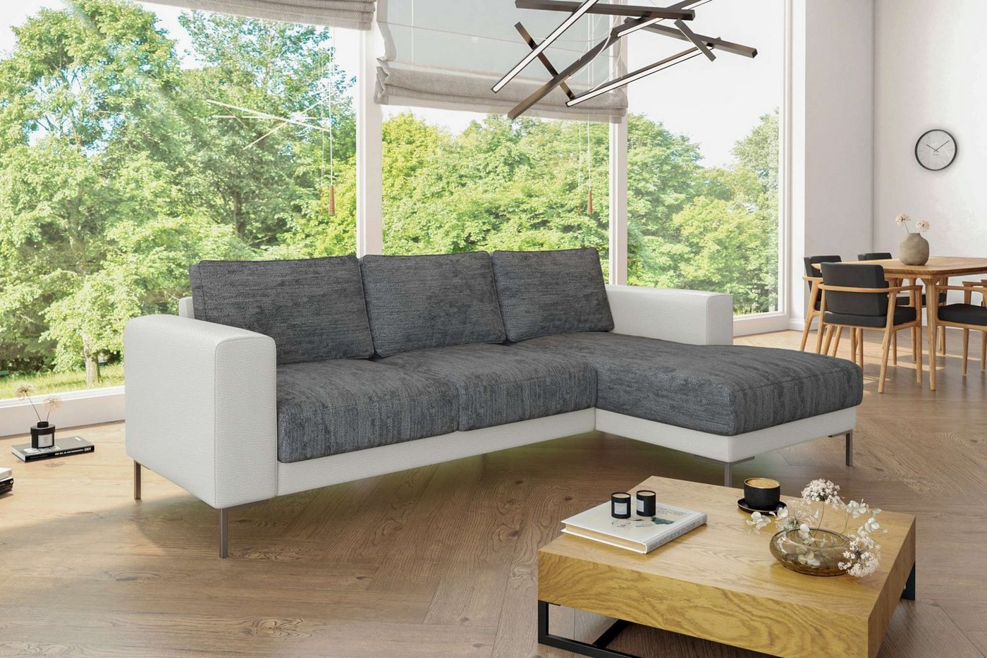 Stylefy Ecksofa Aversa, L-Form, Eckcouch, Ottomane links oder rechts bestellbar, frei im Raum stellbar, Metall, mit Wellenfederung, Modern Design von Stylefy