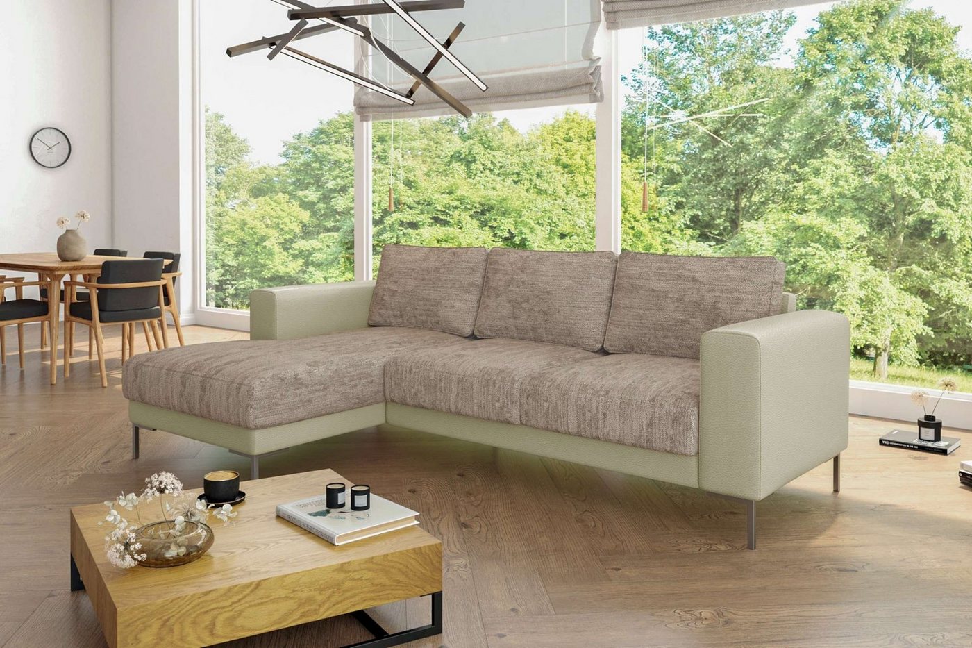 Stylefy Ecksofa Aversa, L-Form, Eckcouch, Ottomane links oder rechts bestellbar, frei im Raum stellbar, Metall, mit Wellenfederung, Modern Design von Stylefy