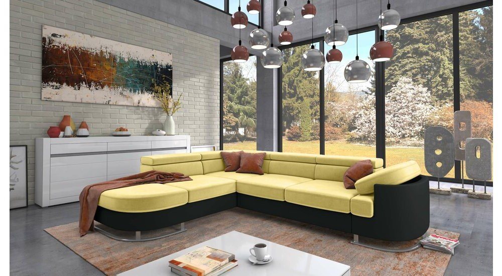 Stylefy Ecksofa Ice, L-Form, Eckcouch, Ottomane links oder rechts bestellbar, frei im Raum stellbar, mit Bettfunktion und Bettkasten, Metall, inklusive Kopfteil- und Armlehnenverstellung von Stylefy