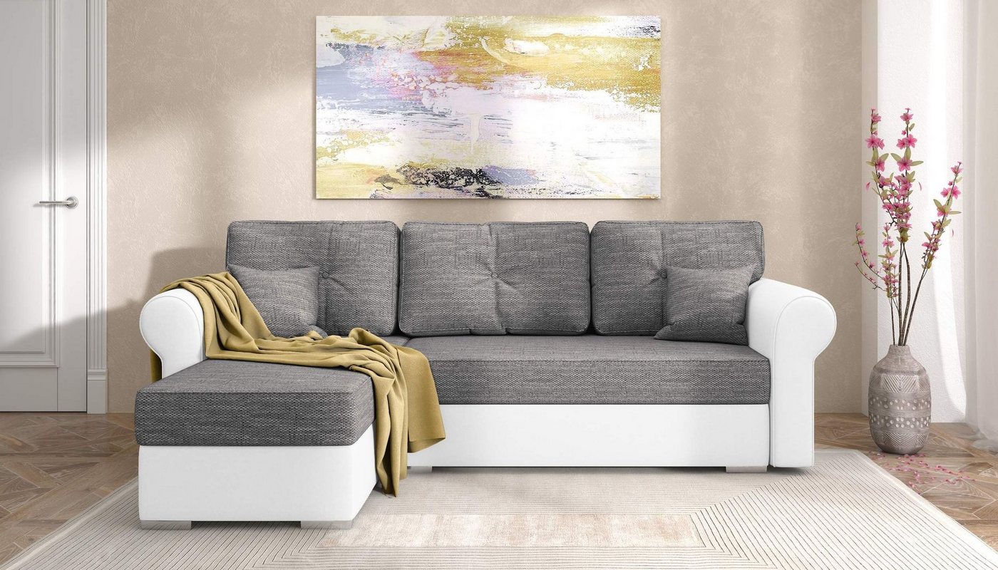 Stylefy Ecksofa Ofanto, L-Form, Eckcouch, mit Bettfunktion und Bettkasten, Ottomane links oder rechts bestellbar, Modern Design, frei im Raum stellbar, inklusive Kissen von Stylefy