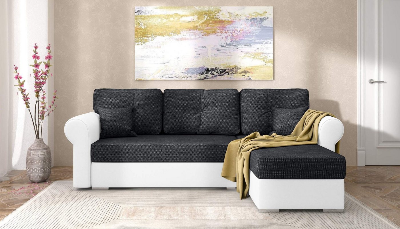 Stylefy Ecksofa Ofanto, L-Form, Eckcouch, mit Bettfunktion und Bettkasten, Ottomane links oder rechts bestellbar, Modern Design, frei im Raum stellbar, inklusive Kissen von Stylefy