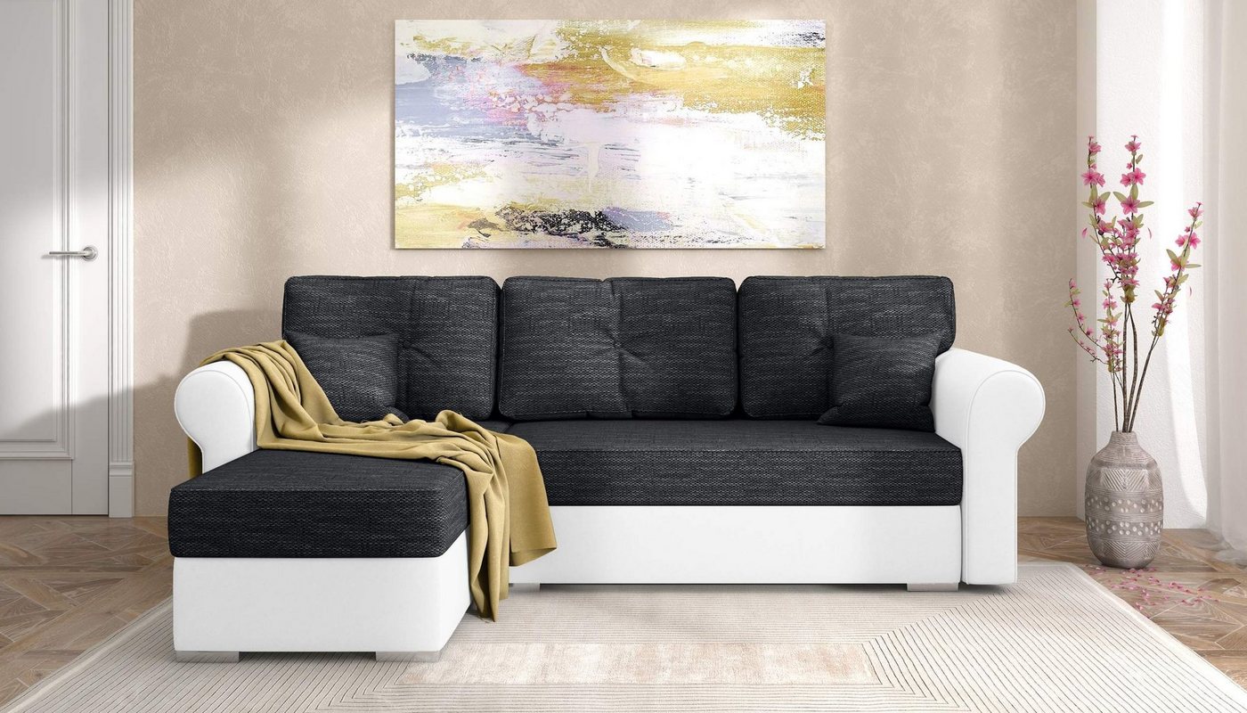 Stylefy Ecksofa Ofanto, L-Form, Eckcouch, mit Bettfunktion und Bettkasten, Ottomane links oder rechts bestellbar, Modern Design, frei im Raum stellbar, inklusive Kissen von Stylefy