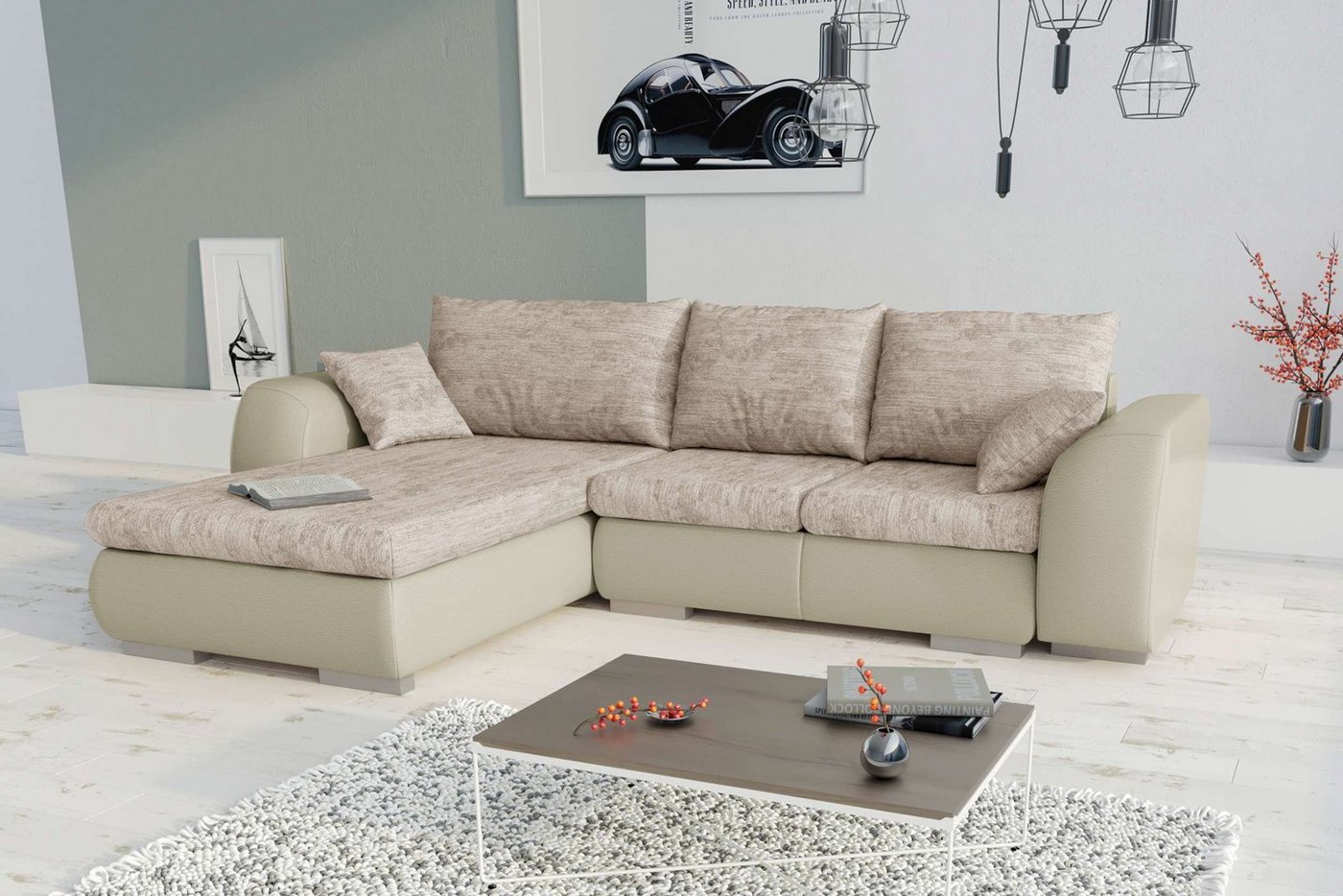 Stylefy Ecksofa Salturo, L-Form, Eckcouch, Ottomane links oder rechts bestellbar, mit Bettkasten und Bettfunktion, frei im Raum stellbar, mit Wellenfederung, Modern Design von Stylefy