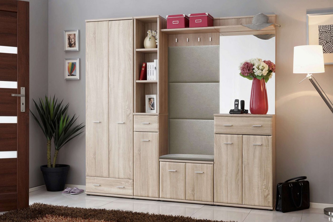 Stylefy Garderoben-Set Amario VIII, (Set (6-St), Garderobenset), Schrank, Highboard, Paneel, Sitzbank, Spiegel, Kommode, gepolstert von Stylefy