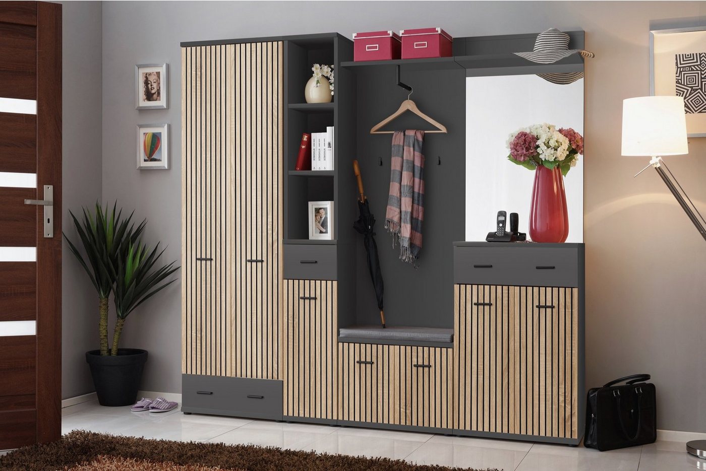 99rooms Garderoben-Set Mauro, (Set (6-St), Garderobenset), bestehend aus Regalschrank, Schrank, 2×Paneel, Schuhschrank, Kommode von 99rooms