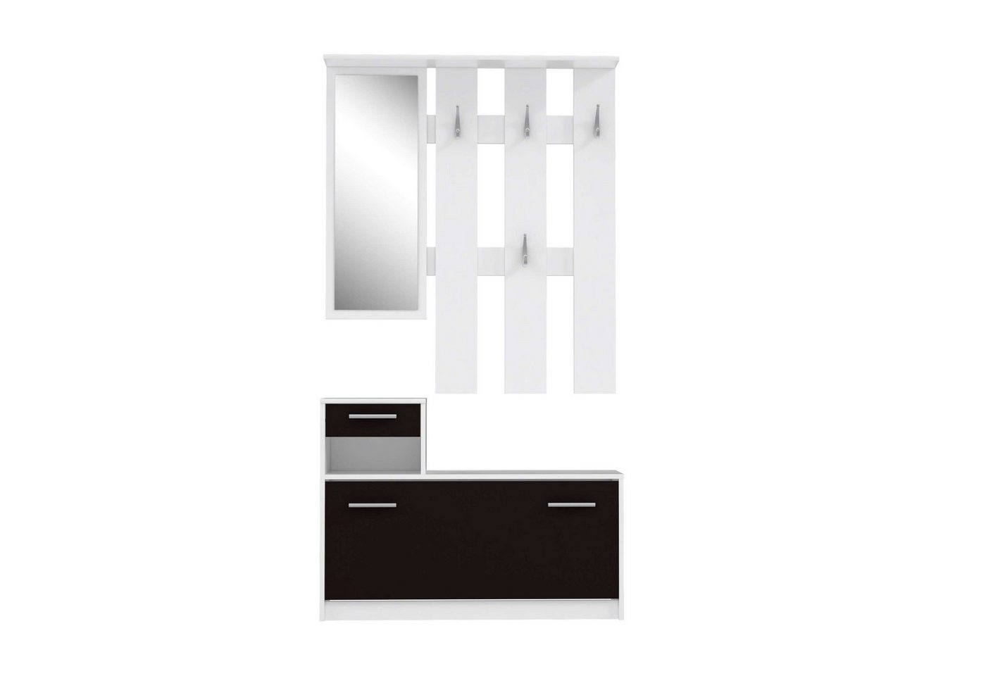 Stylefy Garderobenpaneel Horavio (Paneel, Garderobenpaneel), mit 1 Tür, 1 Schublade, 1 offenem Fach, Spiegel, 4 Kleiderhaken von Stylefy
