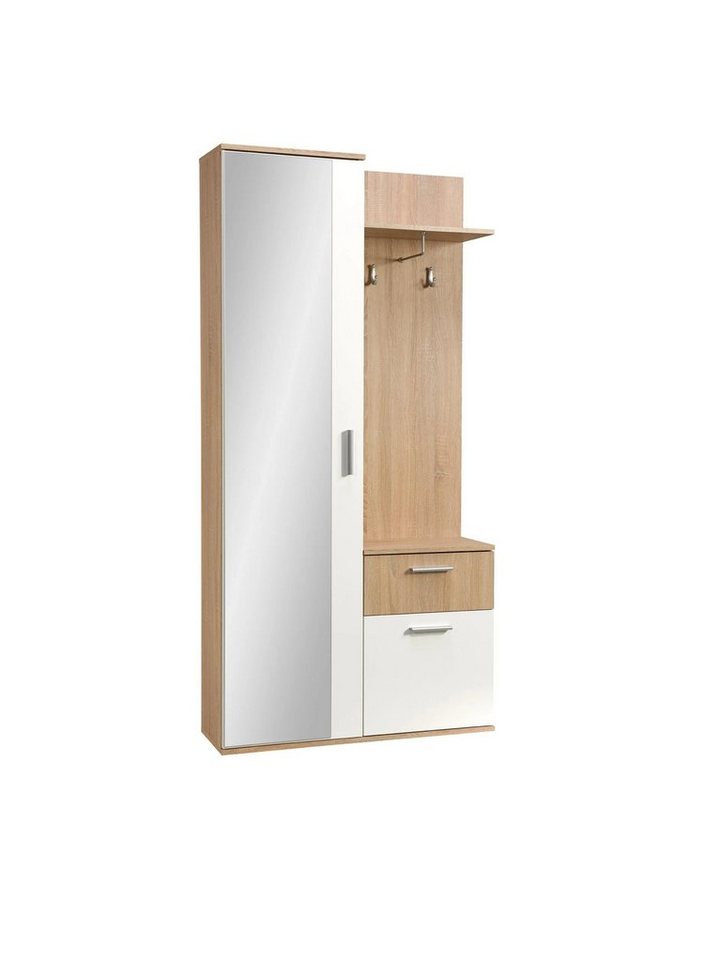 99rooms Garderobenpaneel Lixi Sonoma Eiche Weiß (Garderoden-Set, Flur-Set), mit Spiegel, aus Holzwerkstoff, mit Schublade, viel Stauraum, Modern Design von 99rooms