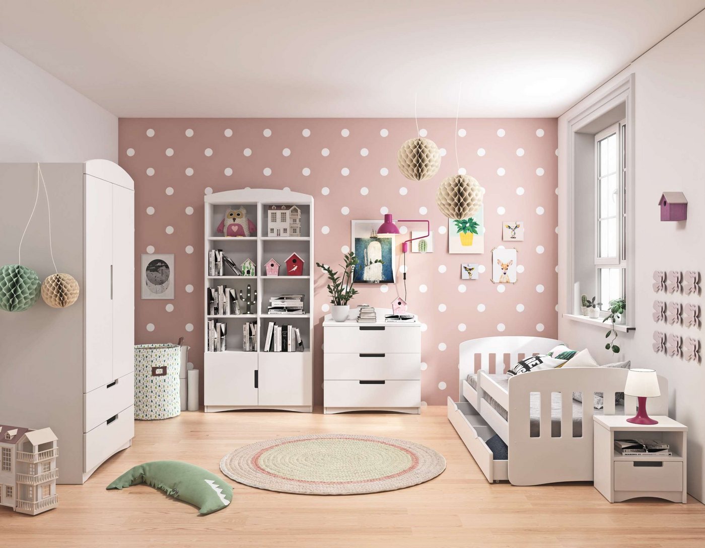 99rooms Jugendzimmer-Set Amira, (Komplettset, Set (5-St), 1xSchrank, 1xBücherregal, 1xKommode, 1xEinzelbett und 1xNachttisch von 99rooms