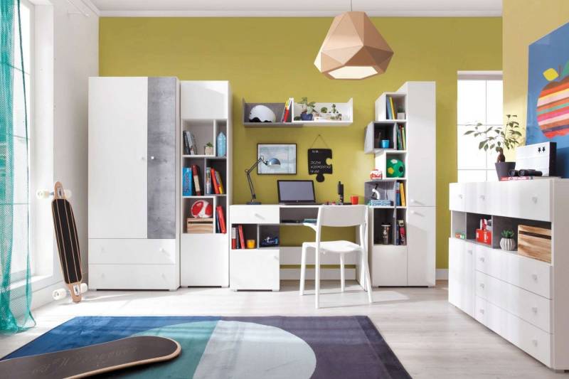 99rooms Jugendzimmer-Set Lendon Beton Weiß Hochglanz, (Jugendzimmer-Set, Set (6-St), 6-teilig, Spanplatte, FSC-Zertifizierung, variabel stellbar, Modern Design von 99rooms