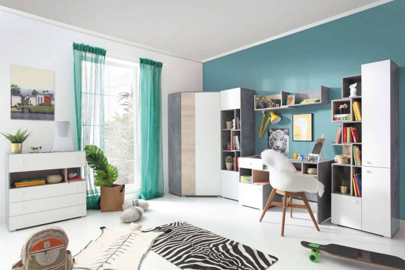 99rooms Jugendzimmer-Set Lendon Eiche Beton Weiß Hochglanz, (Jugendzimmer-Set, Set (6-St), 6-teilig, Spanplatte, FSC-Zertifizierung, variabel stellbar, Modern Design von 99rooms