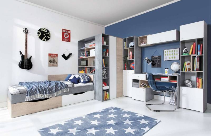 99rooms Jugendzimmer-Set Lendon Eiche Beton Weiß Hochglanz, (Jugendzimmer-Set, Set (6-St), 6-teilig, Spanplatte, FSC-Zertifizierung, variabel stellbar, Modern Design von 99rooms