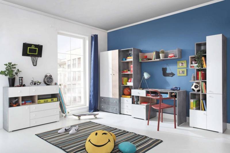99rooms Jugendzimmer-Set Lendon Eiche Beton Weiß Hochglanz, (Jugendzimmer-Set, Set (6-St), 6-teilig, Spanplatte, FSC-Zertifizierung, variabel stellbar, Modern Design von 99rooms