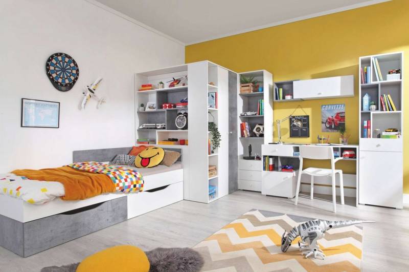 99rooms Jugendzimmer-Set Lendon Weiß Hochglanz Beton, (Jugendzimmer-Set, Set (6-St), 6-teilig, Spanplatte, FSC-Zertifizierung, variabel stellbar, Modern Design von 99rooms