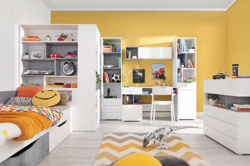 99rooms Jugendzimmer-Set Lendon Weiß Hochglanz Beton, (Jugendzimmer-Set, Set (7-St), 7-teilig, Spanplatte, FSC-Zertifizierung, variabel stellbar, Modern Design von 99rooms