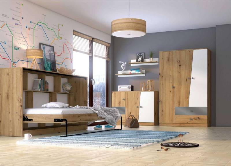99rooms Jugendzimmer-Set Narin II, (Komplett-Set, (Set, 5-St), bestehend aus 1xFunktionsbett, 1xKommode, 2xWandregal und 1xKleiderschrank, mit Matratze, variabel stellbar, für Jugend von 99rooms