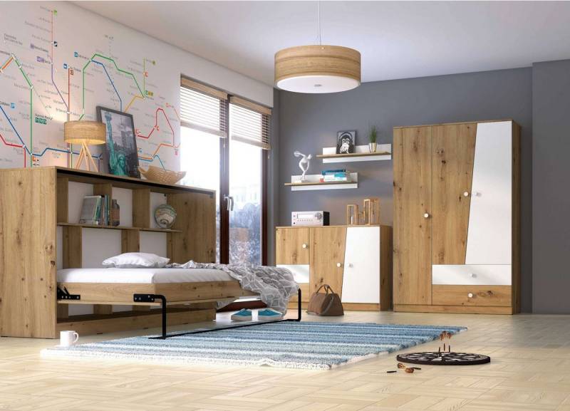 99rooms Jugendzimmer-Set Narin II, (Komplett-Set, (Set, 5-St), bestehend aus 1xFunktionsbett, 1xKommode, 2xWandregal und 1xKleiderschrank, mit Matratze, variabel stellbar, für Jugend von 99rooms