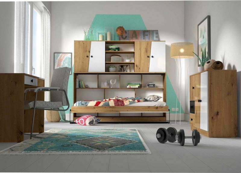 99rooms Jugendzimmer-Set Narin V, (Komplett-Set, (Set, 4-St), bestehend aus 1xFunktionsbett, 1xAufsatzschrank, 1xSchreibtisch und 1xKommode, variabel stellbar, für Jugend von 99rooms
