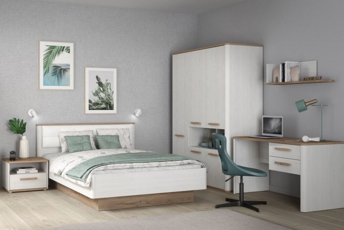 Stylefy Jugendzimmer-Set Omai, (Set (5-St), Jugendzimmer-Set, Komplettset), bestehend aus Schrank, Wandregal, Arbeitstisch, Bett, Nachttisch von Stylefy