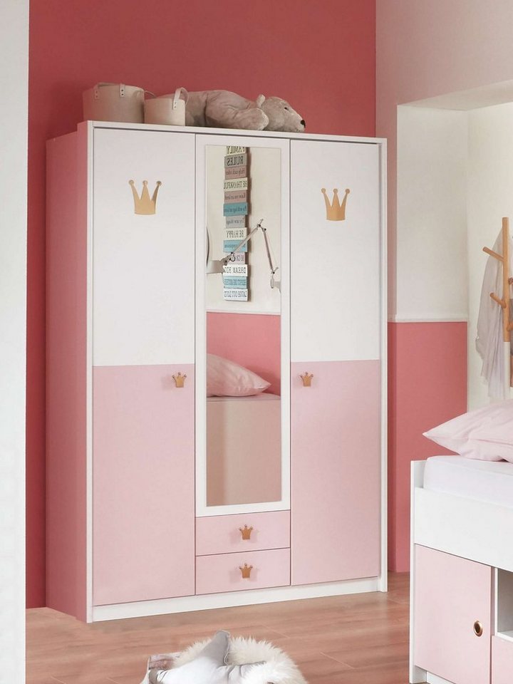 Stylefy Kinderkleiderschrank Emilie III Weiß Pastellrosa (Standschrank, Kinderschrank) 3-türig, mit viel Stauraum, aus Holzwerkstoff, mit Soft-Close Funktion, Design Modern, für Kinder, mit Spiegel und Schubladen von Stylefy