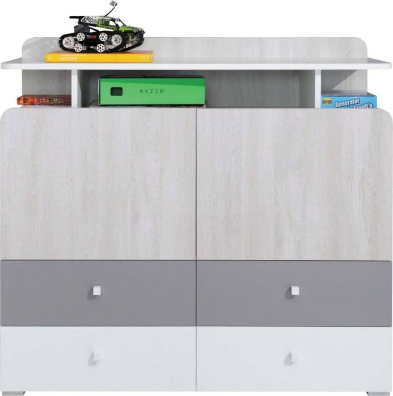 99rooms Kinderkleiderschrank Rono Weiß Hochglanz Eiche Wilton Weiss Grau (Sideboard, Kinderschrank) mit Schubladen, FSC-Zertifizierung, viel Stauraum, Modern Design von 99rooms
