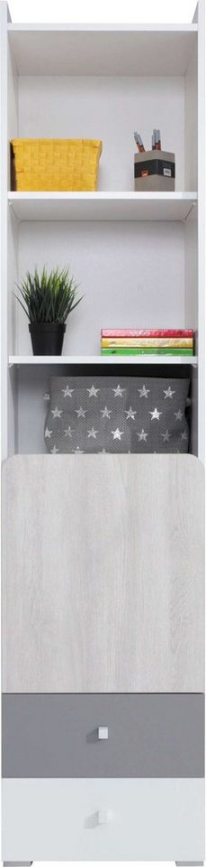 Stylefy Kinderregal Rono Weiß Hochglanz Eiche Wilton Weiss Grau, Standregal, Bücherregal, mit 3 Fächern und Schubladen, FSC-Zertifizierung, Spanplatte, Modern Design von Stylefy