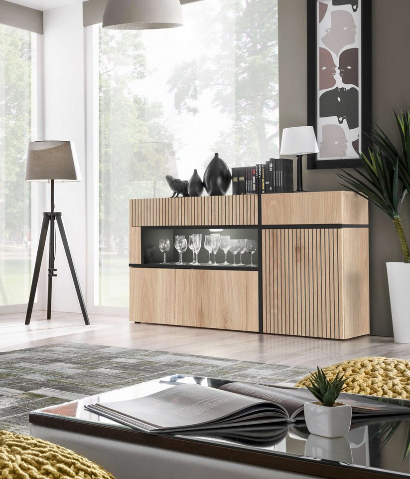 Stylefy Kommode Hamar (Sideboard, Kommode), mit 2 Schubladen, Klapptür, Tür, offenem Fach mit LED-Beleuchtung von Stylefy