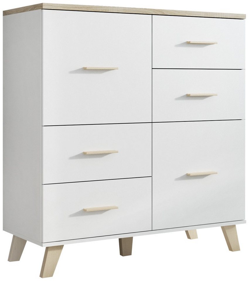 Stylefy Kommode Latta 110 2D4S 119x110x45 Weiß Eiche (Sideboard, Standschrank), viel Stauraum, mit Schubladen, variabel stellbar, Modern Design von Stylefy