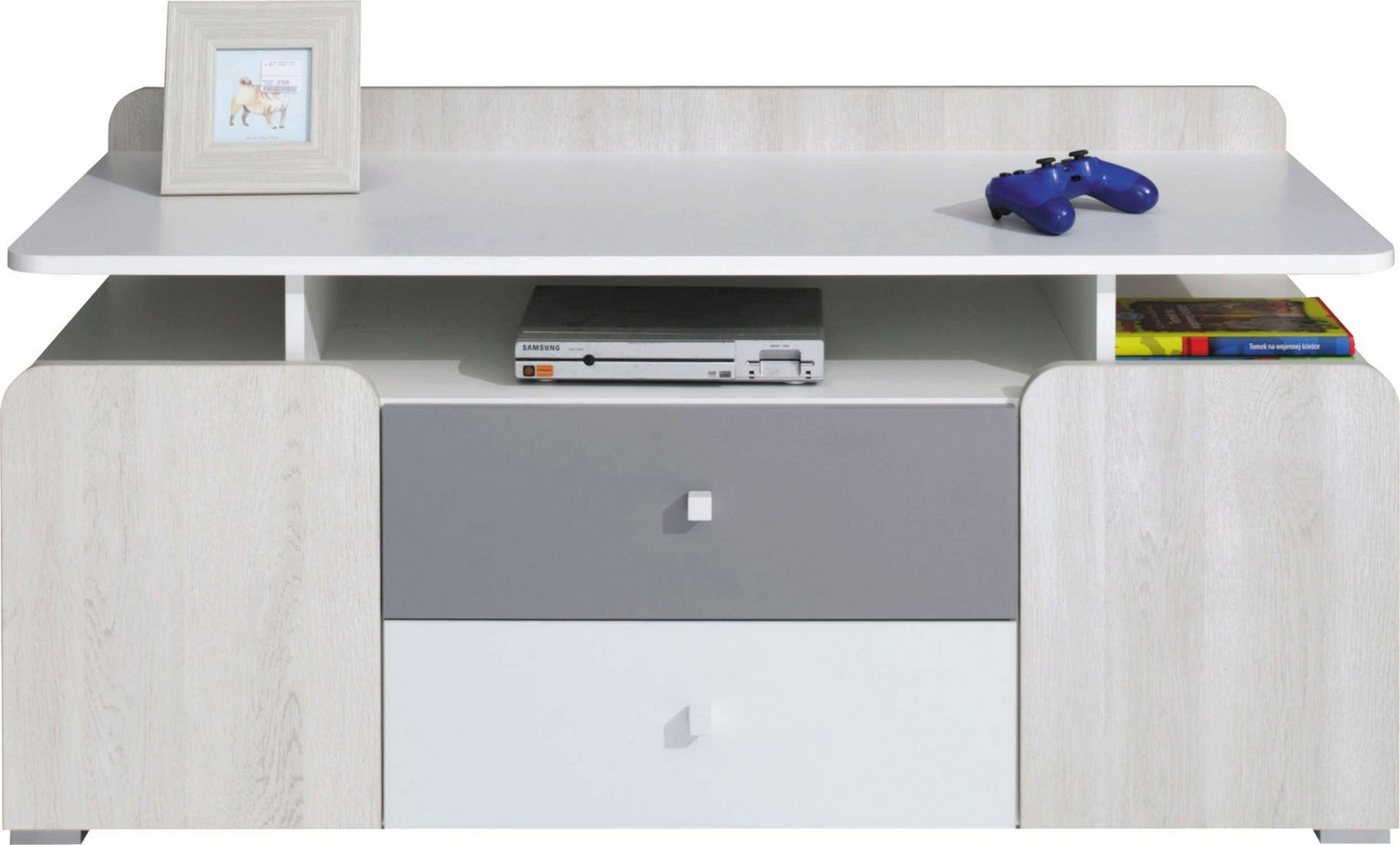 Stylefy Lowboard Rono Weiß Hochglanz Eiche Wilton Weiss Grau (TV-Kommode, TV-Schrank), mit Schubladen, FSC-Zertifizierung, viel Stauraum, Spanplatte, Modern Design von Stylefy