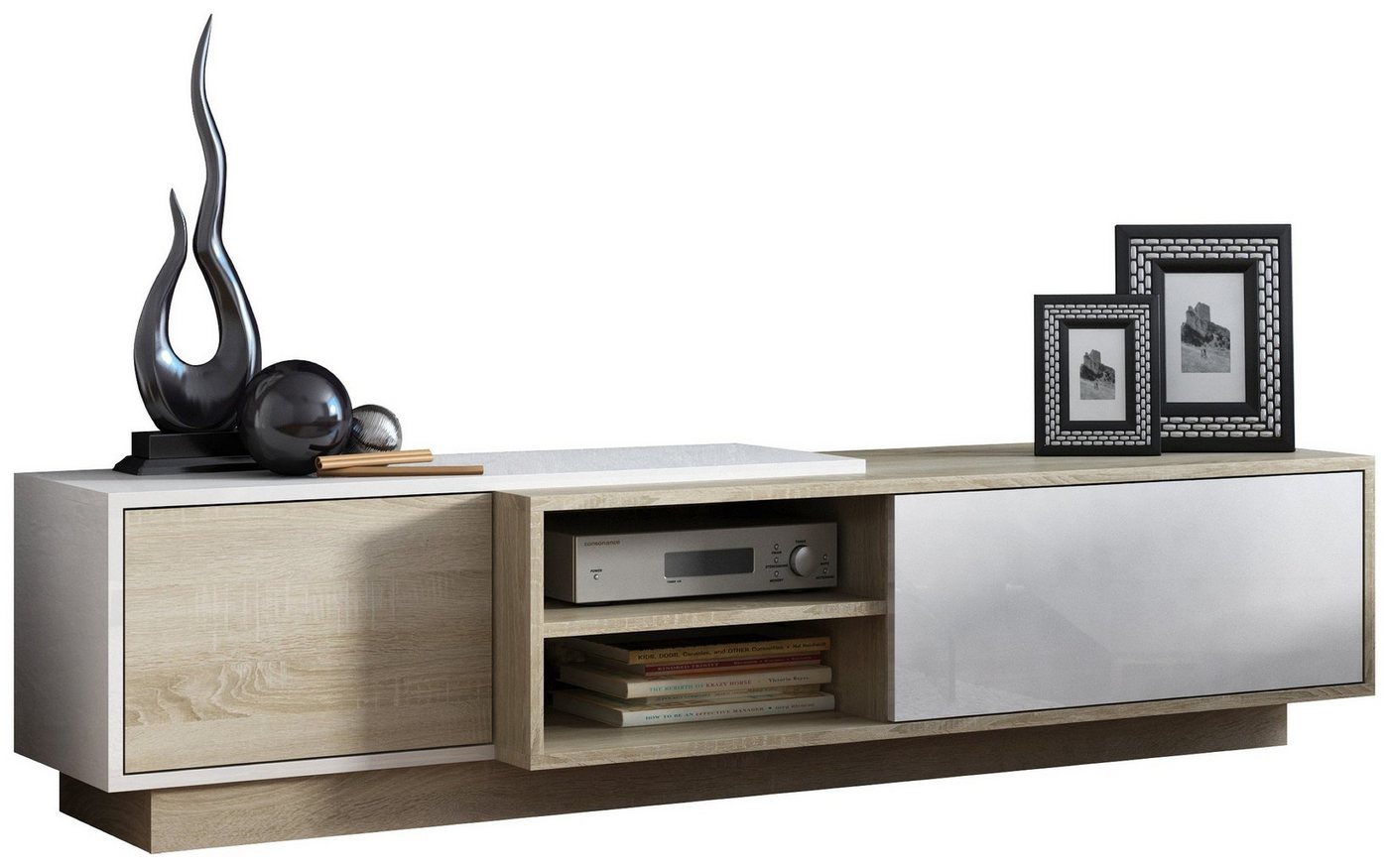 Stylefy Lowboard Sagmi I 180 cm (TV-Kommode, TV-Schrank), viel Stauraum, mit Klapptüren, Push-to-Open, Hochglanzfront, Modern Design von Stylefy