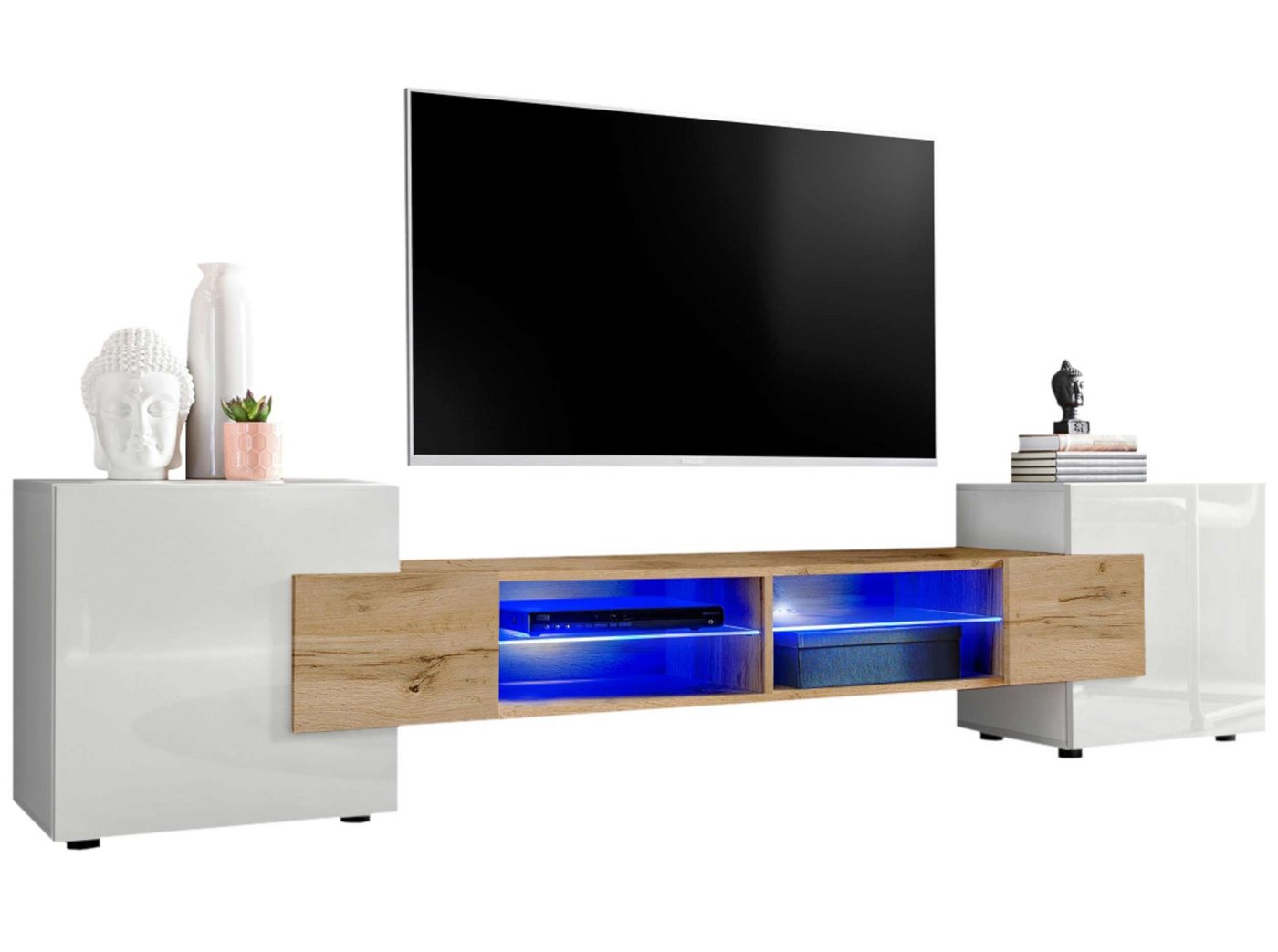 Stylefy Lowboard Seoul I (TV-Kommode, TV-Schrank, Fernsehschrank), wahlweise mit LED-Beleuchtung, Hochglanzfront, Glaseinlegeböden, Modern Design, aus Holzwerkstoff, viel Stauraum, variabel stellbar von Stylefy