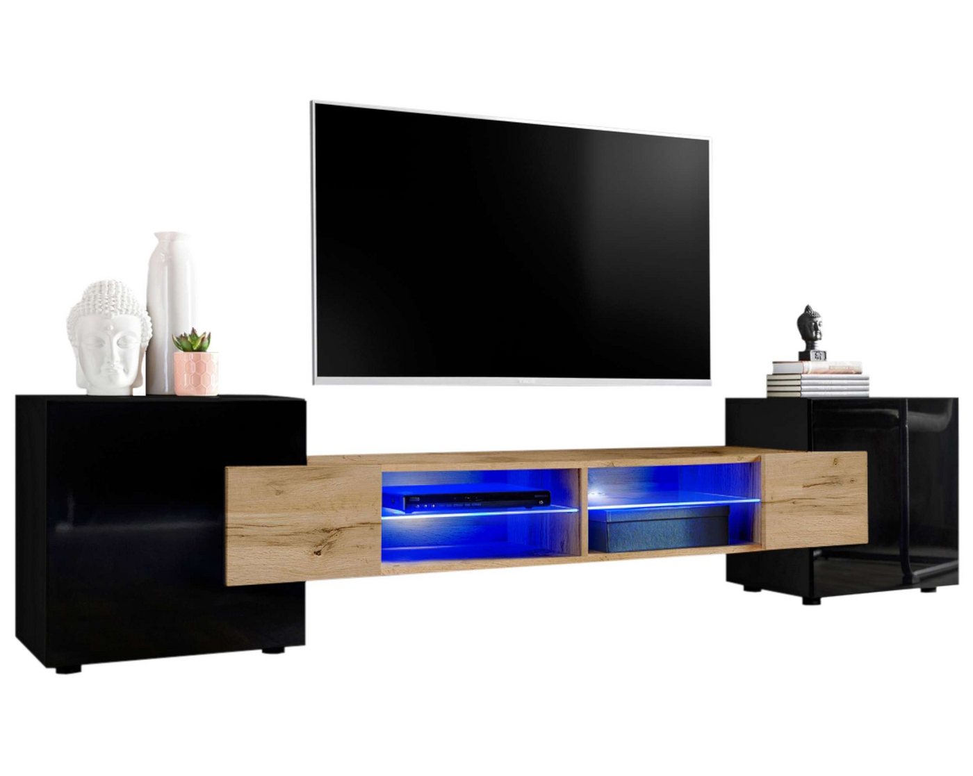Stylefy Lowboard Seoul I (TV-Kommode, TV-Schrank, Fernsehschrank), wahlweise mit LED-Beleuchtung, Hochglanzfront, Glaseinlegeböden, Modern Design, aus Holzwerkstoff, viel Stauraum, variabel stellbar von Stylefy