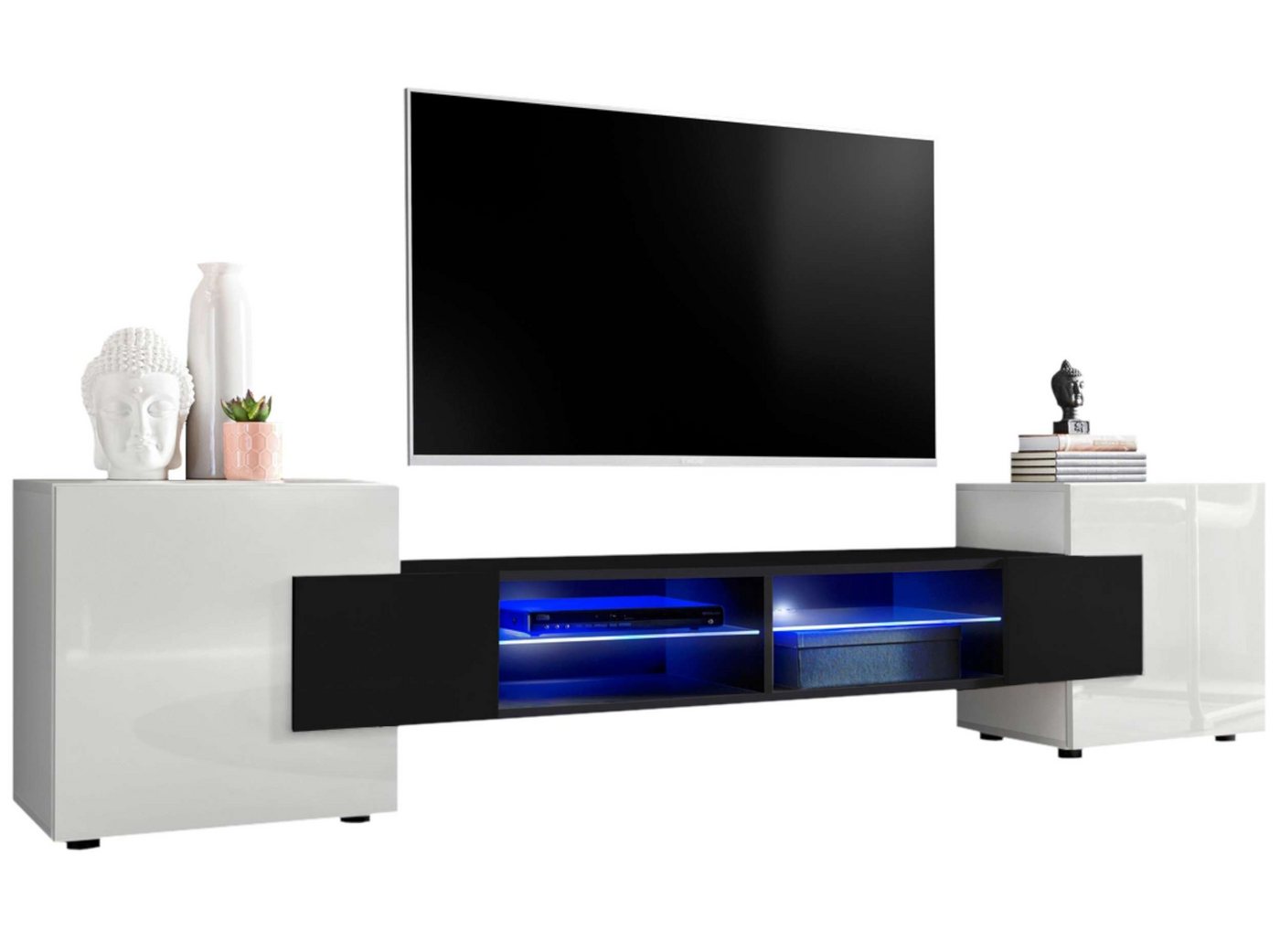 Stylefy Lowboard Seoul I (TV-Kommode, TV-Schrank, Fernsehschrank), wahlweise mit LED-Beleuchtung, Hochglanzfront, Glaseinlegeböden, Modern Design, aus Holzwerkstoff, viel Stauraum, variabel stellbar von Stylefy