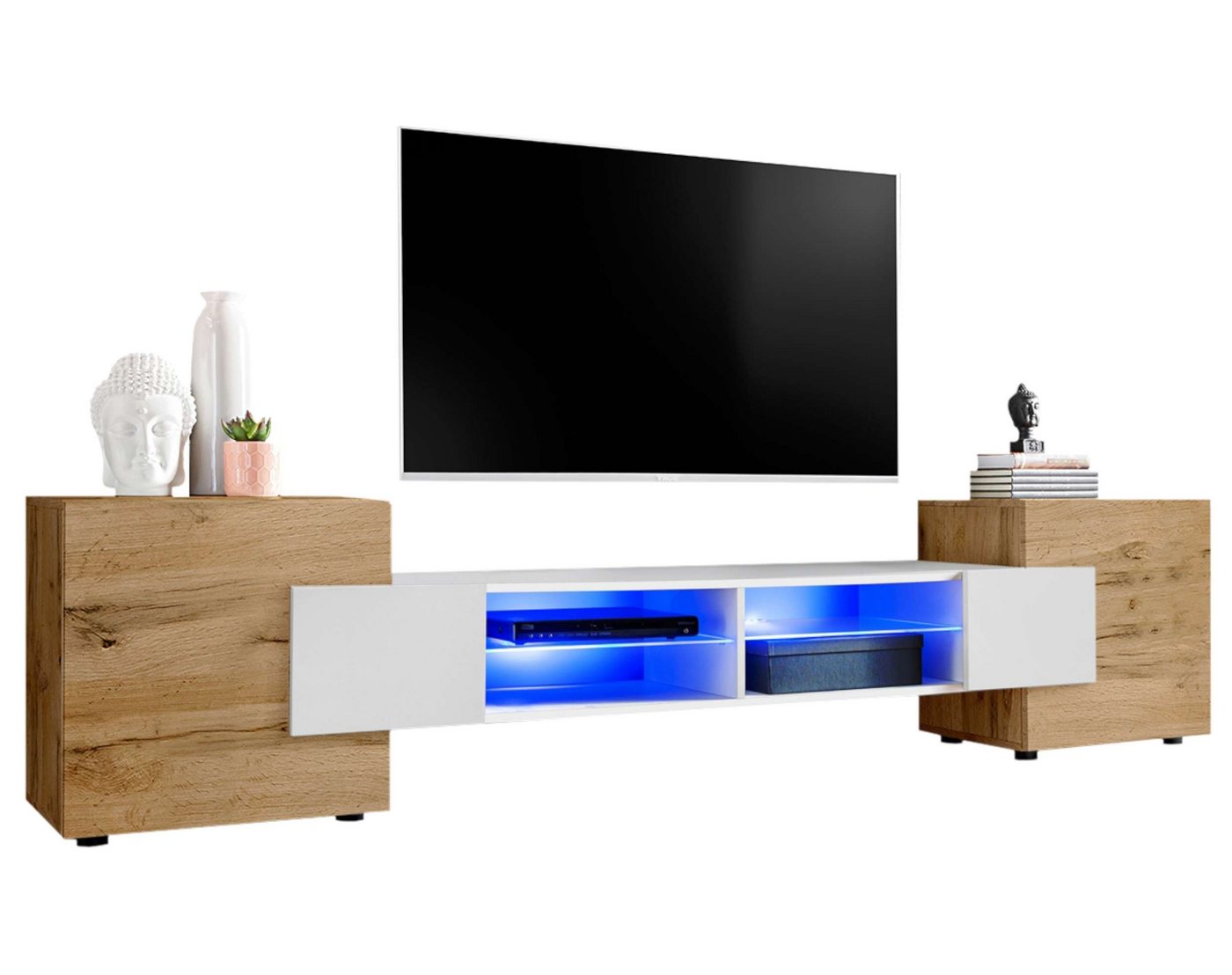 Stylefy Lowboard Seoul I (TV-Kommode, TV-Schrank, Fernsehschrank), wahlweise mit LED-Beleuchtung, Hochglanzfront, Glaseinlegeböden, Modern Design, aus Holzwerkstoff, viel Stauraum, variabel stellbar von Stylefy