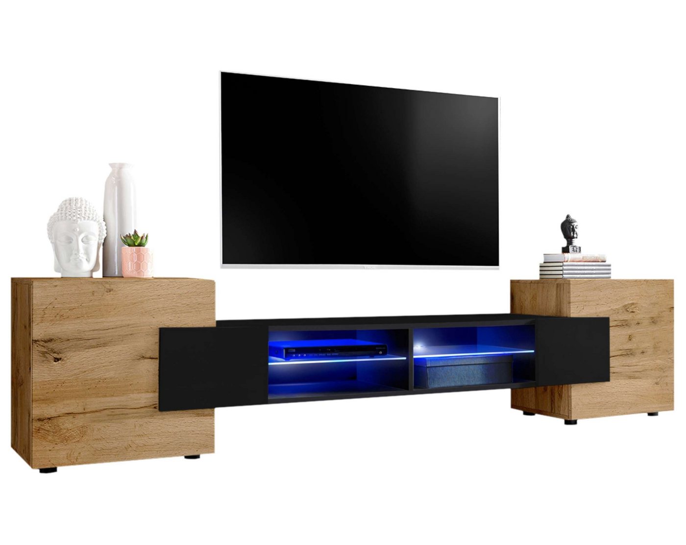 Stylefy Lowboard Seoul I (TV-Kommode, TV-Schrank, Fernsehschrank), wahlweise mit LED-Beleuchtung, Hochglanzfront, Glaseinlegeböden, Modern Design, aus Holzwerkstoff, viel Stauraum, variabel stellbar von Stylefy