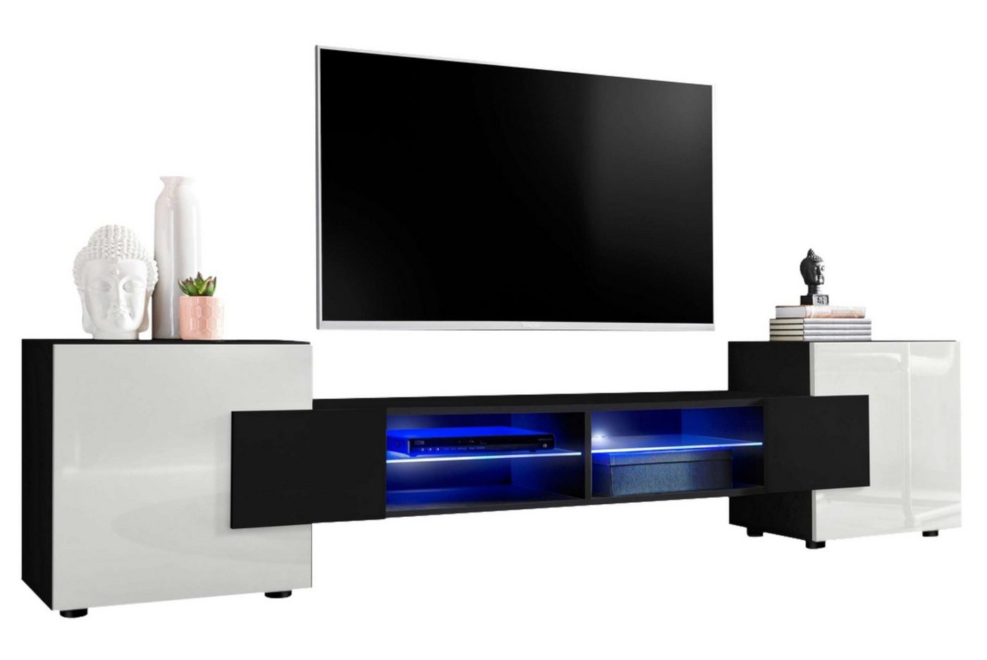 Stylefy Lowboard Seoul II (TV-Kommode, TV-Schrank, Fernsehschrank), wahlweise mit LED-Beleuchtung, Hochglanzfront, Glaseinlegeböden, Modern Design, aus Holzwerkstoff, viel Stauraum, variabel stellbar von Stylefy